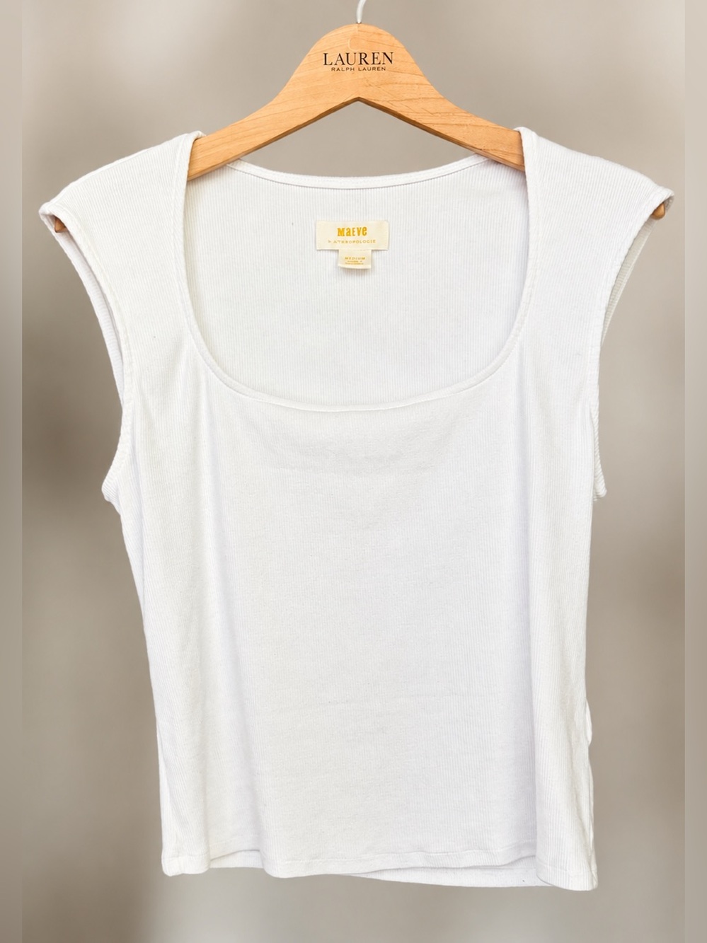 Maeve Anthropologie White Ribbed Scoop Neck Cap Sleeve Top Medium Minimalist